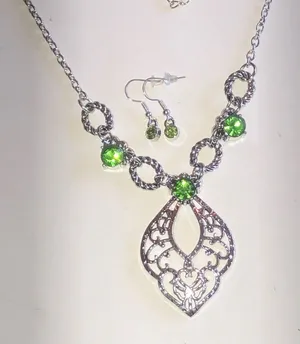 Silver Tone Filigree Pendant Necklace with Green Crystal Accents thumbnail 1
