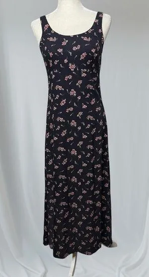 Vintage 90s Long Black Pink Floral Dress Size 11/12 Dark Floral Whimsy Goth thumbnail 1