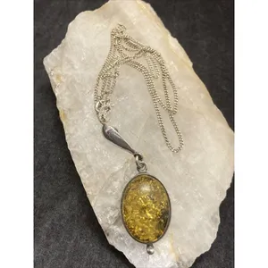 Vintage Oval‎ Green Baltic Amber Sterling Silver 925 Pendant 18'' Necklace 4.5g thumbnail 2