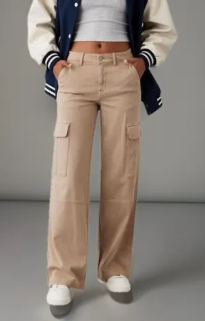 Womens American Eagle Tan Corduroy Wide Leg Cargo Pants 10 thumbnail 1