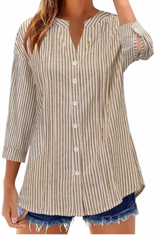 NEW Cotton Linen 3/4 Sleeve Button Down V Neck Pleated Shirt Top L thumbnail 1