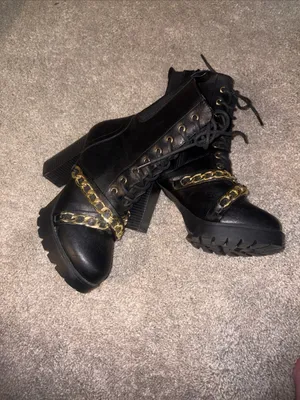 Forever Black Lace-Up Combat Boots with Gold Chain Accent size 7 thumbnail 5