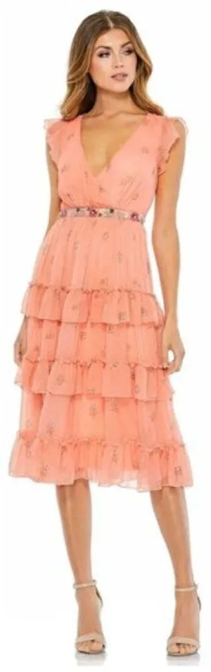 MAC DUGGAL Tiered Ruffle Chiffon Midi Dress in Apricot Size US 6 thumbnail 1