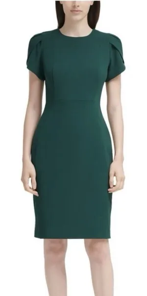 Calvin Klein Dark Green‎ Tulip Sleeve Stretch Crepe Sheath Dress Size 12 thumbnail 1