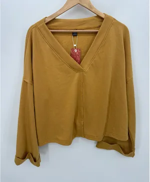 Shein‎ Womens Large Mustard Yellow Oversized Boho Cut Out Twist Back Sweatshirt thumbnail 1