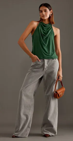 ✨Anthropologie Cowl-Neck Halter Green Sz Medium Top✨ thumbnail 1