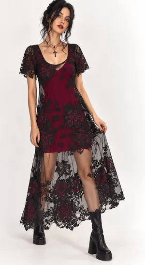 Tracy Reese Mesh Floral Midi Dress S Black Burgundy Gothic Whimsigoth Dark Moody thumbnail 1