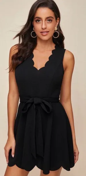 Scallop trim black dress with tie thumbnail 1