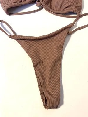SHEIN Sexy High Cut Cheeky Triangle Ribbed Bikini Set Chocolate Brown Womens Medium thumbnail 4