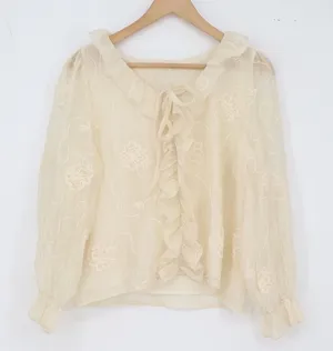 Xin Ke Yuan Blouse Womens L Cream Floral Embroidered Ruffle Tie Sheer Excellent thumbnail 1