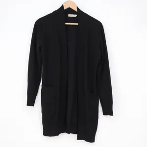 Young USA Womens Black Open Front Longline Cardigan Sweater Small Pockets Ribbed thumbnail 2