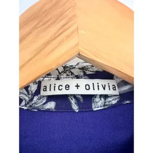 Alice + Olivia Layered Ruffle Sleeve Shirt Blouse Navy Blue Floral Silk Small thumbnail 5