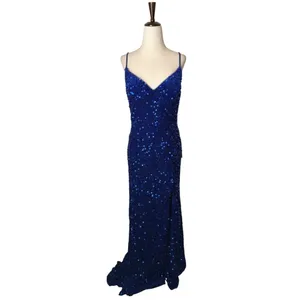 Stacees Gown Women 14 Royal‎ Blue Sequin Prom Lace Up Back Slit Train Formal NWT thumbnail 2