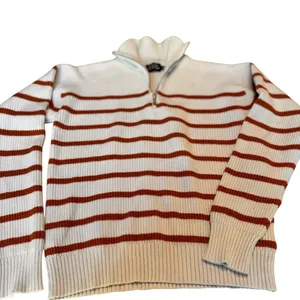 Monoprix Femme Ivory Rust Stripe Ribbed Half Zip Sweater XS French Knit Top Chic thumbnail 6