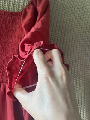 Smocked Midi Dress in Deep Red with Puff Sleeves thumbnail 4