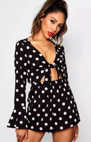 Boohoo Polka Dot Tie Front Playsuit Size 8 thumbnail 1