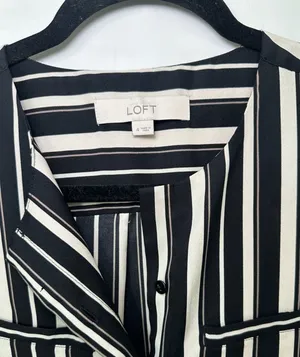 LOFT Black and White Striped Long Sleeve Midi Shirt Dress with Belt thumbnail 2