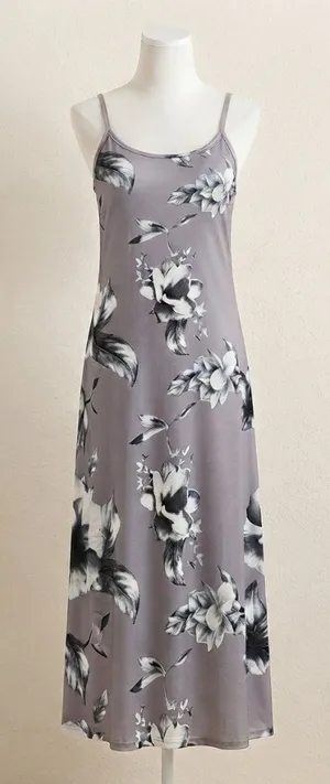 Y2K Grey & White Floral Maxi Slip Dress Size Large 90s Whimsygoth Camisole Dress thumbnail 1