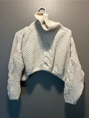 Chunky Cable Knit Crop Turtleneck Sweater Cream Ivory Oversized Popcorn Stitch thumbnail 1