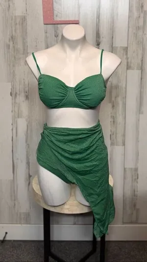 Green Sparkle 3-Piece Bikini Set Women’s Size L | Ruched Top + Bottoms + Sarong thumbnail 1