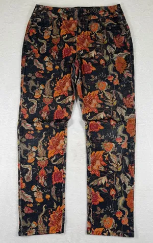 Soft Surroundings Floral Paisley Corduroy Pants Womens Black Orange‎ 2FT99 M thumbnail 1
