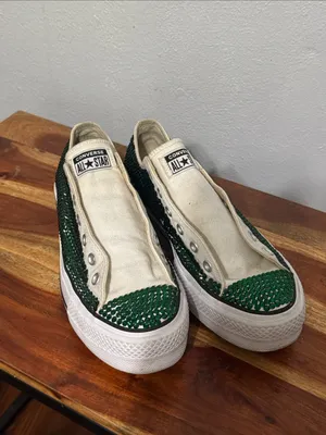 Custom Emerald Green Rhinestone Converse Lift Platform Low Tops Size 10 thumbnail 3