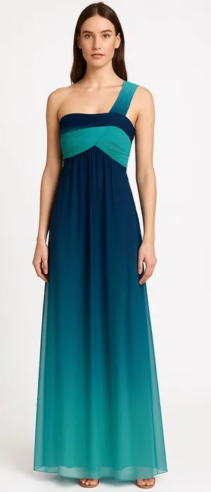 2000s BCBG Max Azria Teal Blue Ombre One-Shoulder Chiffon Evening Gown – Size 0 thumbnail 1
