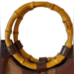 Cynthia Hart Los Angeles Floral Plaid Tote Bag Purse Bamboo Handles Gold Brown thumbnail 2
