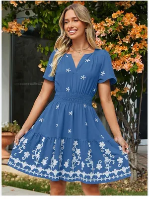Simple Blue Short-Sleeve Embroidered Tiered Mini‎ Dress thumbnail 1