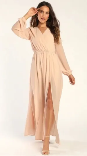 Lulu’s Wonderous Water Lilies Blush Pink Long Sleeve V Neck Maxi Dress NWT M thumbnail 1