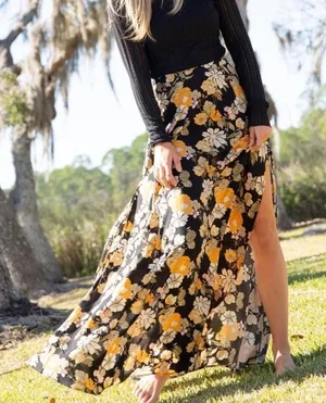Natural Life Floral Maxi Skirt XS Black Orange Boho Hippie Cottagecore Slit thumbnail 1