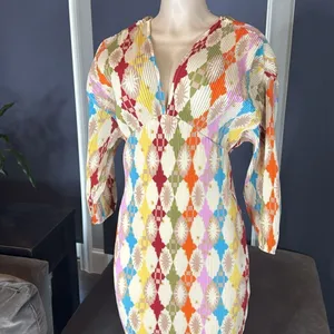 Women’s Colorful Ruched V-Neck Geometric Patterned Maxi Dress Size S NEW thumbnail 2