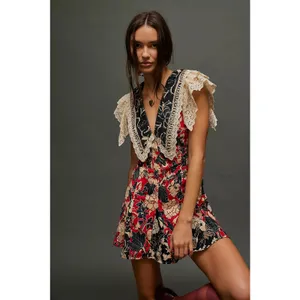 FREE PEOPLE Red White Bali Antoinette Corduroy Lace Mini Dress size Large thumbnail 5