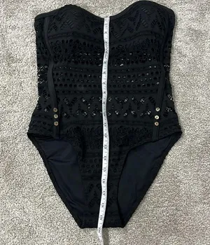 New Large Black Strapless Sheer Crochet One Piece Swim Suit with Button Detail thumbnail 11