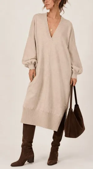 Free People Oversized Midi Sweater Dress Size S Beige Minimal Fall Lagen Scandi thumbnail 1