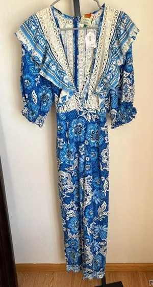 Farm Rio Full Of Flowers Blue Printed Jumpsuit Medium Boho NEW thumbnail 1