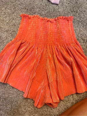 QUEEN OF SPARKLES Smocked High-Waist Pleated Shorts - Orange with Gold Sheen thumbnail 2