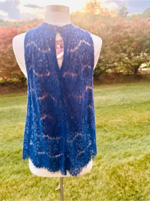 Love, Fire Royal Blue Mock Neck Lace Sleeveless Blouse thumbnail 6