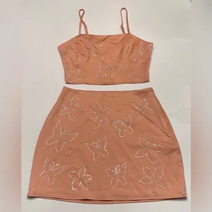 Le Lis Crop Camisole Top‎ & Mini Skirt Set in Nude Peach Rhinestones Size XS/S thumbnail 2
