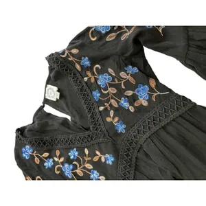 Blue Rain Black Floral Embroidered‎ Boho Tiered Mini Dress XS WS50897 thumbnail 5