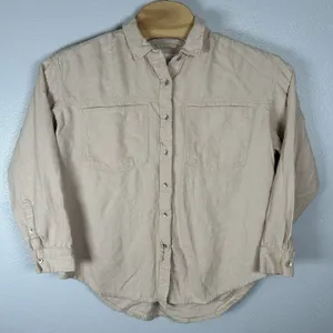 Aerie Flannel‎ Shirt Womens Size Small Oversized Metal Button Up Beige Cotton thumbnail 1