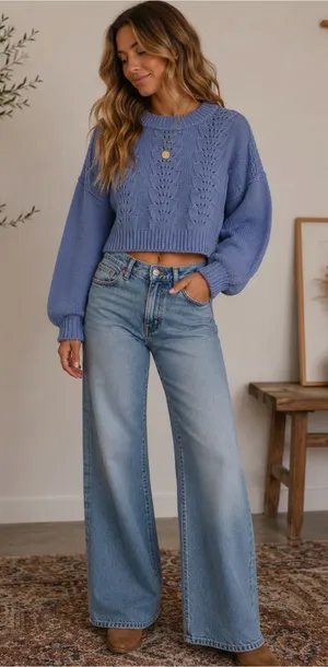 Free People Lavender Blue Cropped Crew Sweater thumbnail 1
