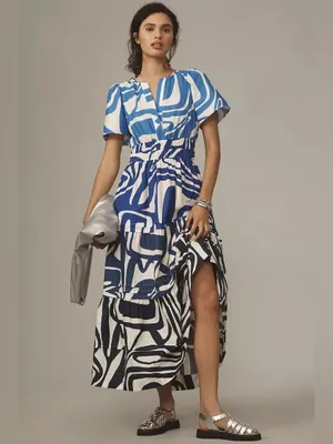 Anthropologie The Somerset Maxi Dress Slate Blue Swirl Abstract Print Size Large thumbnail 2