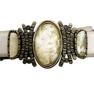 Vintage Chicos White Pearly Stone Buckle Champagne White Leather Belt Retro thumbnail 3