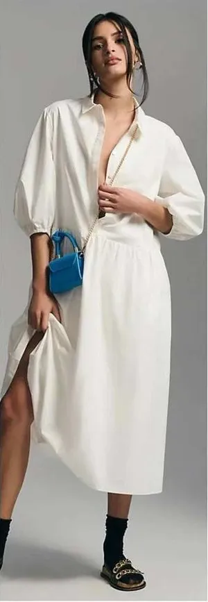 Mare Mare x Anthropologie White Poplin Puff‎ Sleeve Midi Shirt Dress XXS thumbnail 1