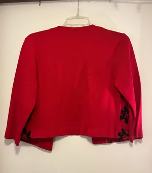 Vintage Red Cardigan with Black Floral Detail - Size Small thumbnail 2