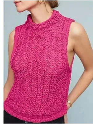 Moth Ribbon Crochet‎ Top Medium Petite Pink Sleeveless High Neck Fairy Cottage thumbnail 1