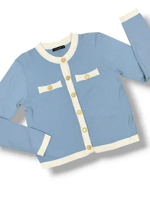 Emerson Lang Cardigan Sweater Button Front Contrast Trim Blue White Medium thumbnail 12