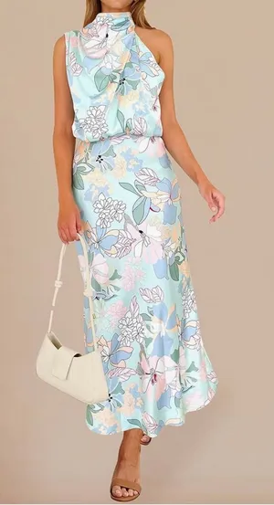 Pretty Garden High Neck Asymmetrical Satin Dress thumbnail 1