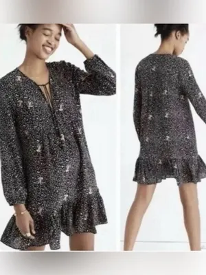 Madewell Silk Fiesta Paisley Tiered Mini Dress Black Tan 10 thumbnail 2